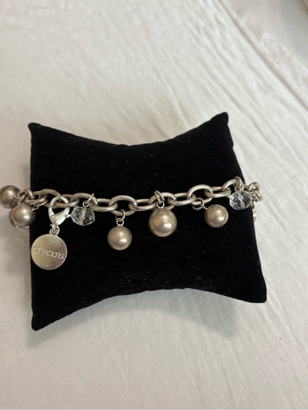 Chico’s Silver Tone Crystal Charm Toggle Bracelet Chunky Ball Bead Statement